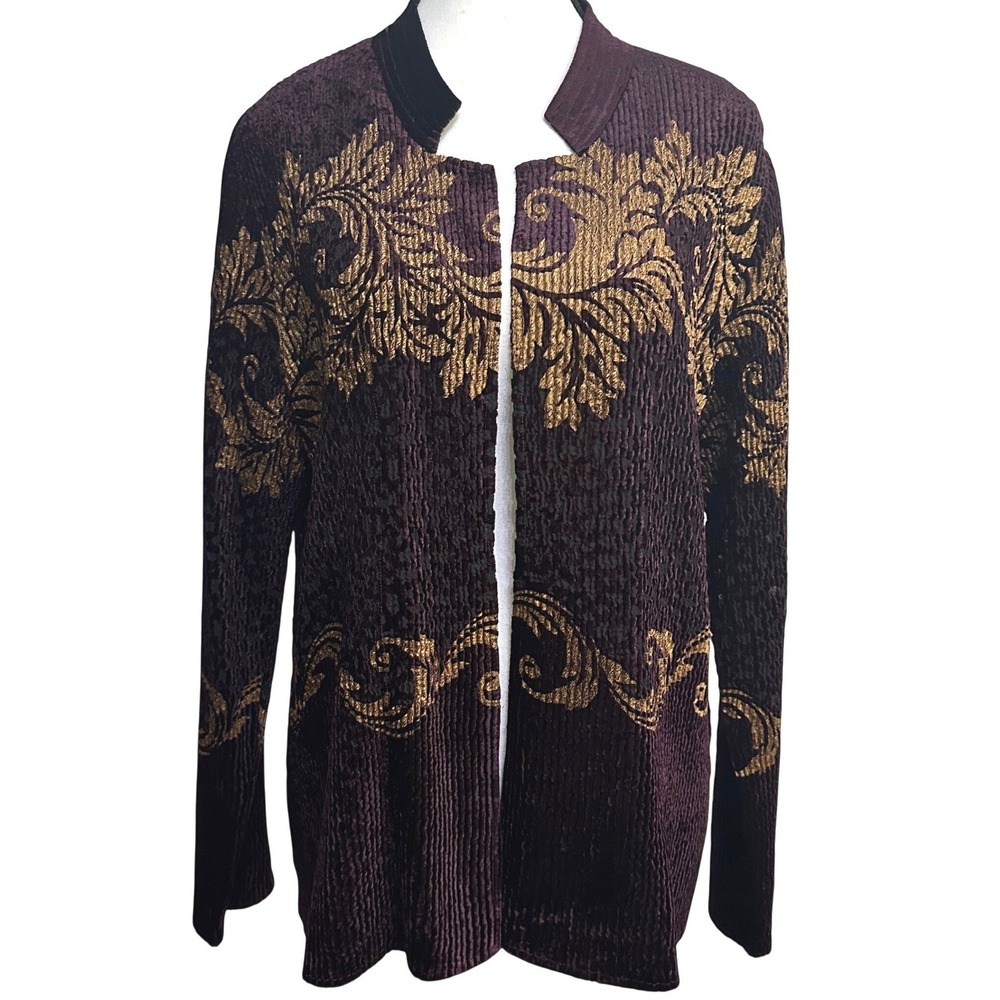 NWT Chicos Travelers Velvet Foiled Pleat Jacket‎ 2 L Mulberry Baroque Whimsigoth